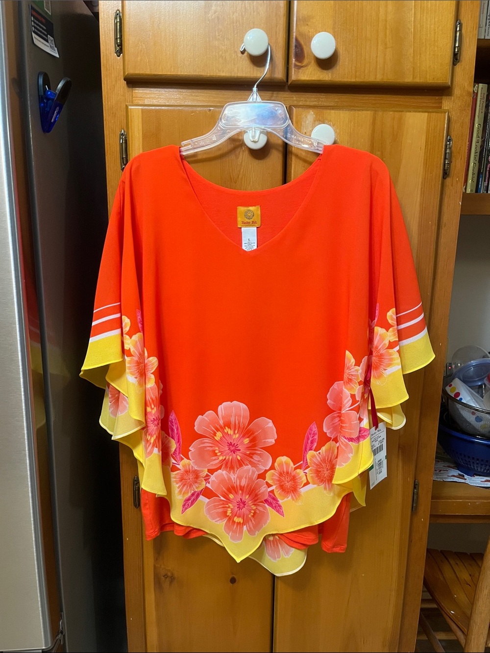 Ruby Rd. Red Floral Flutter-Sleeve Tunic with Yellow Trim